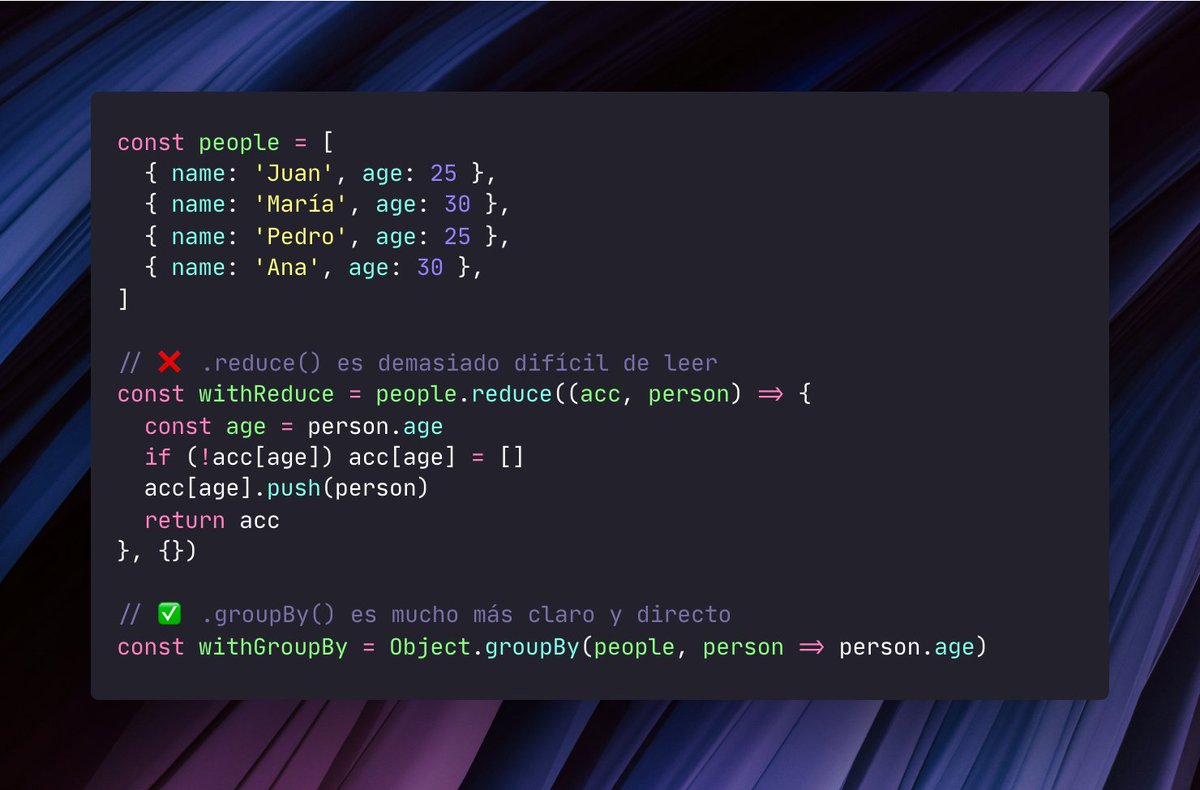 ¡No uses .reduce() para agrupar un array en un objeto!
Con Object.groupBy lo haces y es mucho más fácil.
Soporte en navegadores de más del 90% ↓