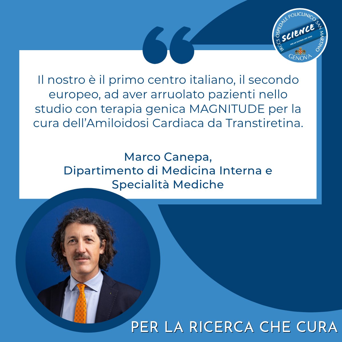 Ospedale San Martino Genova (@sanmartino_ge) on Twitter photo Al <a href="/SanMartino_Ge/">Ospedale San Martino Genova</a> arruolato il primo paziente italiano, il secondo europeo, nello studio di fase 3 MAGNITUDE: progetto internazionale che studia l'efficacia di una terapia genica che potrebbe curare definitivamente l'Amiloidosi Cardiaca da Transtiretina.
ospedalesanmartino.it/it/ricerca-sci… Al <a href="/SanMartino_Ge/">Ospedale San Martino Genova</a> arruolato il primo paziente italiano, il secondo europeo, nello studio di fase 3 MAGNITUDE: progetto internazionale che studia l'efficacia di una terapia genica che potrebbe curare definitivamente l'Amiloidosi Cardiaca da Transtiretina.
ospedalesanmartino.it/it/ricerca-sci…