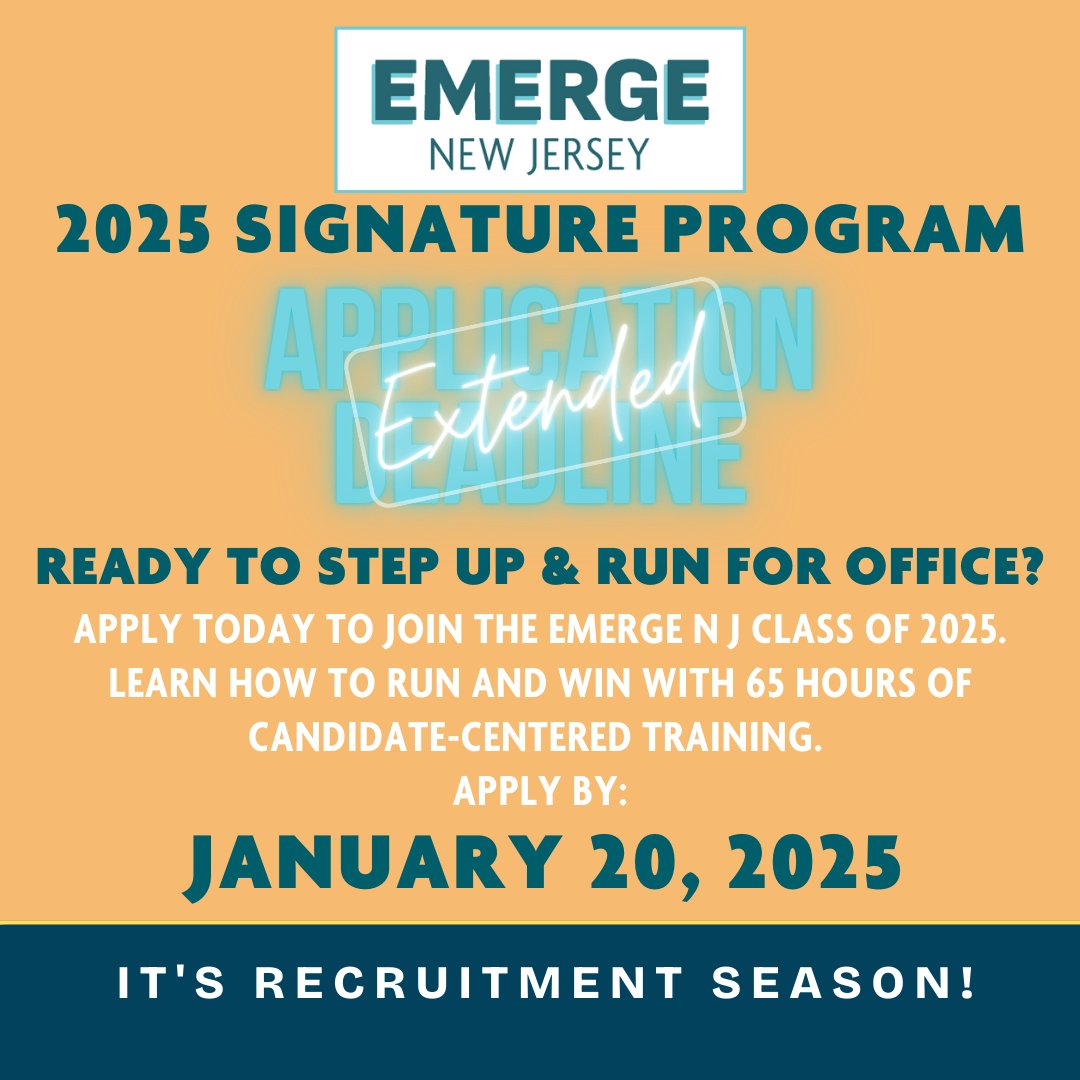 Great news! 🗓️ We’ve extended the deadline for our 2025 Signature Training program to Jan. 20, 2025! 🚀
Join NJ’s premier training program for Democratic women &amp; gain the tools to lead &amp; serve. 🌟 
🔗APPLY: tinyurl.com/2p8rvwa6
🔗DONATE: tinyurl.com/yw7b7ybw