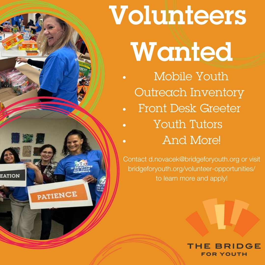 BridgeforYouth's tweet photo. We’re currently looking for volunteers in several areas, including for our front desk and inventory on our Mobile Youth Outreach center. 

Contact d.novacek@bridgeforyouth.org to learn more or visit https://t.co/78NI41Wnml to apply today. https://t.co/qQpSZ0TgXd