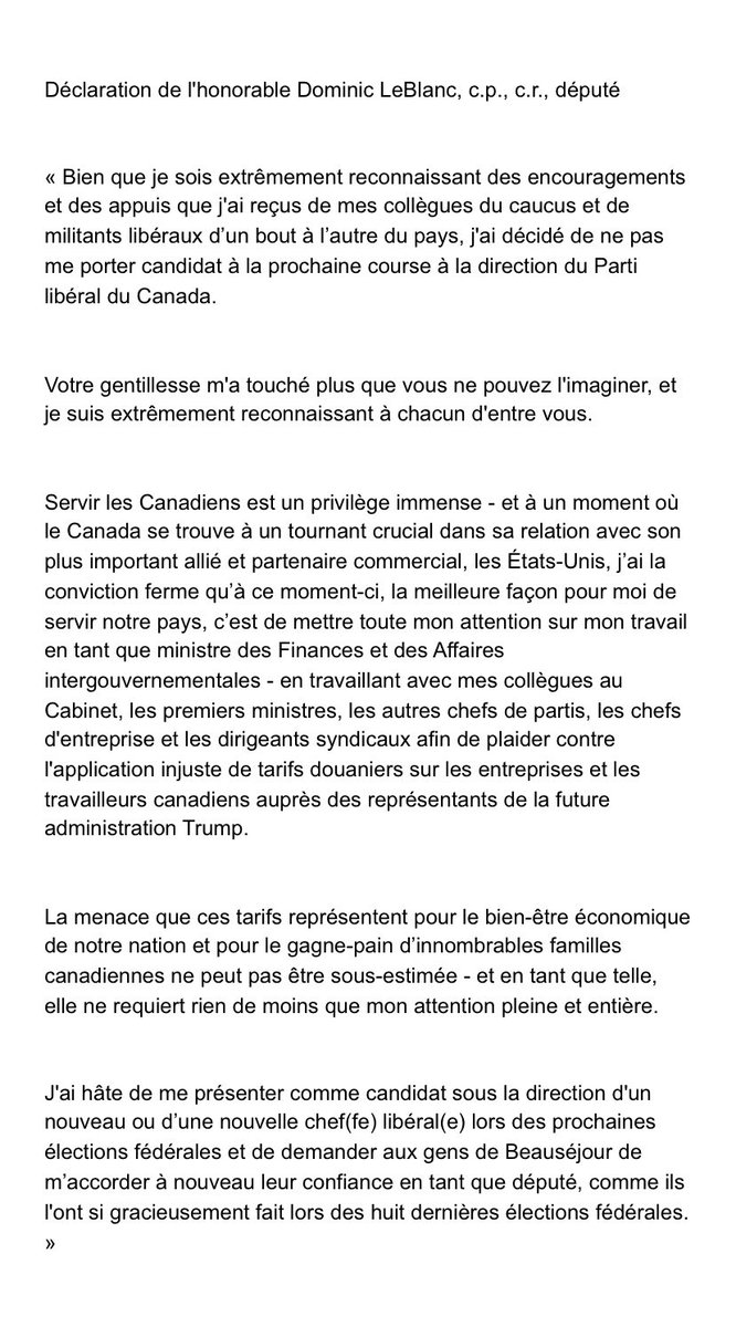 Veuillez consulter ma déclaration concernant la prochaine course à la chefferie du Parti libéral du Canada: