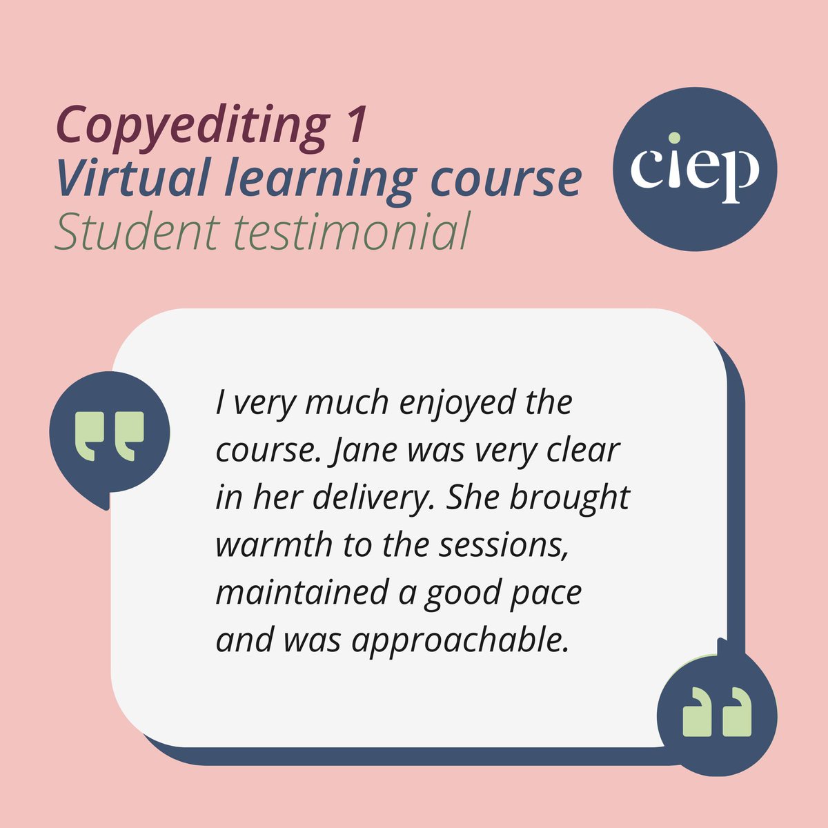 Here’s what one of our delegates said about Virtual learning Copyediting 1: 'I very much enjoyed the course. Jane was very clear in her delivery. She brought warmth to the sessions, maintained a good pace and was approachable.’
Book your place now 👉 ciep.uk/events/events-…