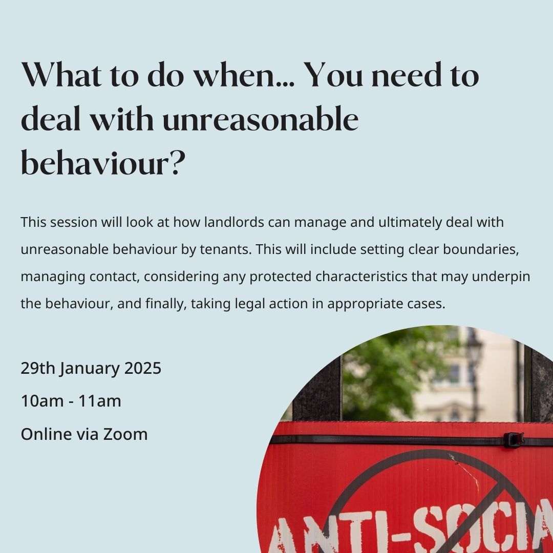 🏡What to do when… You need to deal with unreasonable behaviour?

Join our housing specialists in this webinar to discuss how landlords can manage and ultimately deal with unreasonable behaviour by tenants. 

Secure your spot here: ow.ly/nBLo50Uts0g