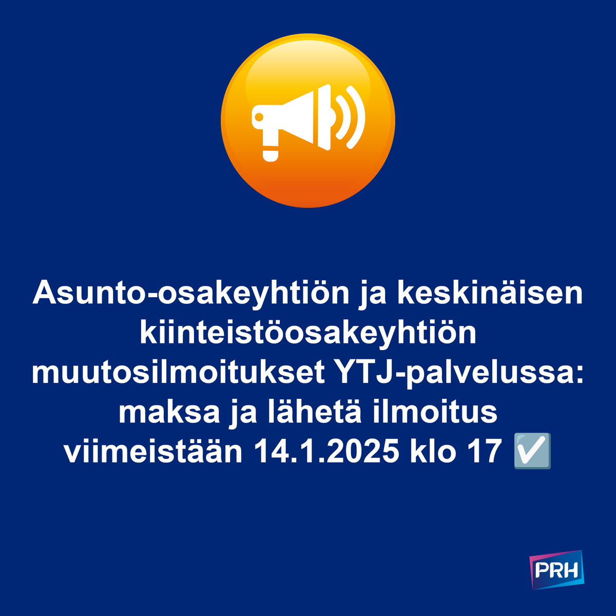 prh_fi's tweet photo. Teemme teknisiä muutoksia YTJ-palvelussa 15.1.2025❗ 

Samalla poistamme asunto-osakeyhtiöiden ja keskinäisten kiinteistöosakeyhtiöiden keskeneräiset muutosilmoitukset, joita ei ole vielä maksettu ja lähetetty palvelussa ℹ️

1/2 https://t.co/UoxS0vLGWd