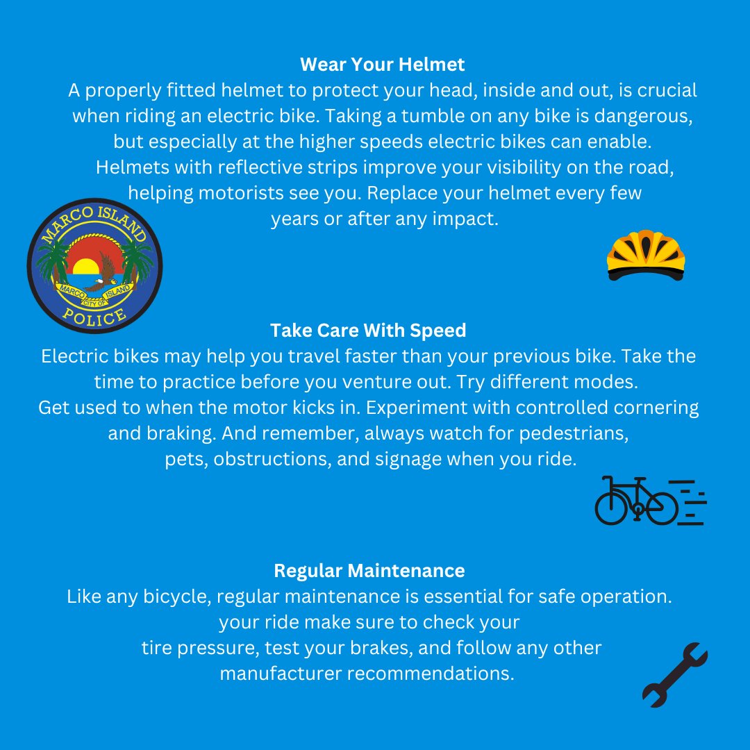 MarcoIslandPD's tweet image. Get to Know Your E- Bike!!! 🚲
Electric bikes require a bit more know-how about using the equipment safely. 
#ElectricBike #EbikeTips #RideSafe #GetToKnowYourBike #BetterTogether