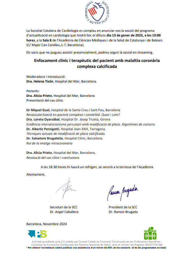 El 13/1 farem la següent sessió d'actualització en cardiologia del curs.

Parlarem de l'enfocament clínic i terapèutic del pacient amb malaltia coronària complexa calcificada

🔴Presencial a la seu de l'acadèmia
🔴Per streaming

Programa: docs.academia.cat/a/2cf581a7