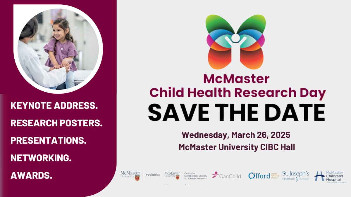 CanChild Centre for Childhood Disability Research (@canchildcentre) on Twitter photo Save the Date! McMaster Child Health Research Day returns on March 26, 2025, at CIBC Hall from 9 am to 4pm! Join us for groundbreaking pediatric research, networking, and more.
For inquiries, email pedsresearch@mcmaster.ca.
Learn more: ow.ly/NC6m50UBzxz Save the Date! McMaster Child Health Research Day returns on March 26, 2025, at CIBC Hall from 9 am to 4pm! Join us for groundbreaking pediatric research, networking, and more.
For inquiries, email pedsresearch@mcmaster.ca.
Learn more: ow.ly/NC6m50UBzxz