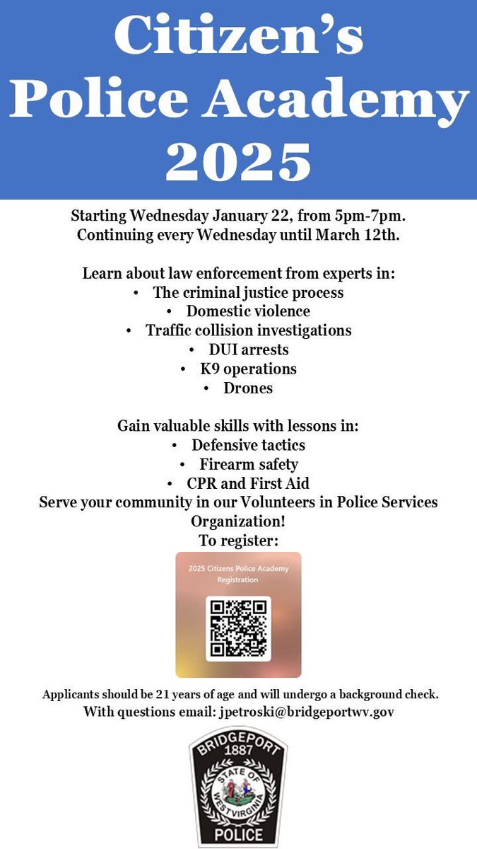 We are just a few weeks away from the start of our 2025 Citizens Police Academy! 🚓

There is still time to register! This event is free of charge.

Classes are every Wednesday from 5pm-7pm January 22 through March 12 @ City Hall.

Sign up today: forms.office.com/r/ridJh5b8wm