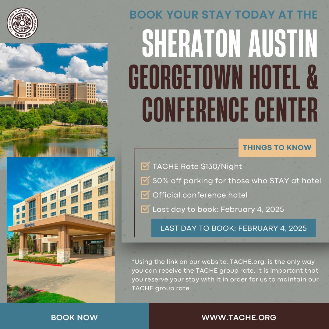🏨 Plan your stay for TACHE 2025! 🏨

🔗 Reserve your room now to lock in your discounted rate. Don’t wait – hotel reservations close on February 4, 2025!

#TACHE2025 #StayAndConnect #BookYourStay #ConferenceHotel #TogetherWeThrive