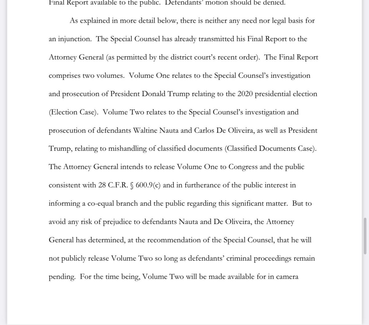 AnnaBower's tweet photo. NEW: In a filing at the 11th Cir., the Justice Department says it will release special counsel Jack Smith’s final report on Trump’s Jan. 6 case—but it will withhold his final report on the classified documents case so long as prosecutions of Trump’s co-defendants remain pending. https://t.co/lqiYuikO8D