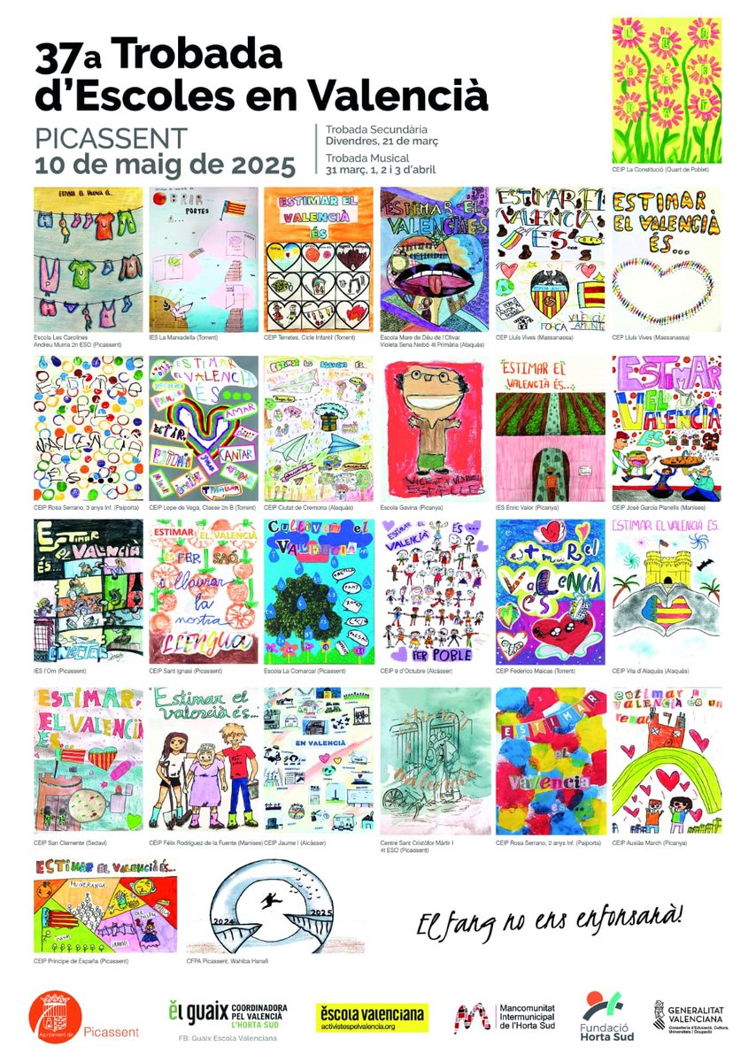 Ja tenim el cartell de la XXXVII TROBADA d'escoles en valencià que se celebrarà a Picassent el pròxim 10 de maig de 2025.
#lanostraescolacomarcal #unaescolaqueenamora #escolaenvalencià