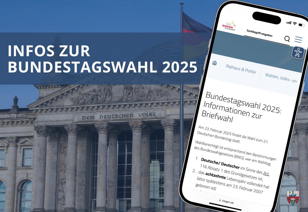 Am 23. Februar 2025 findet die Wahl des 21. #Bundestages statt! Dazu findet ihr auf unserer Homepage ab sofort umfangreiche Informationen - zum Beispiel zum Versand der #Wahlbenachrichtigung sowie zur #Briefwahl.
👉 Hier entlang: siegen.de/bundestagswahl