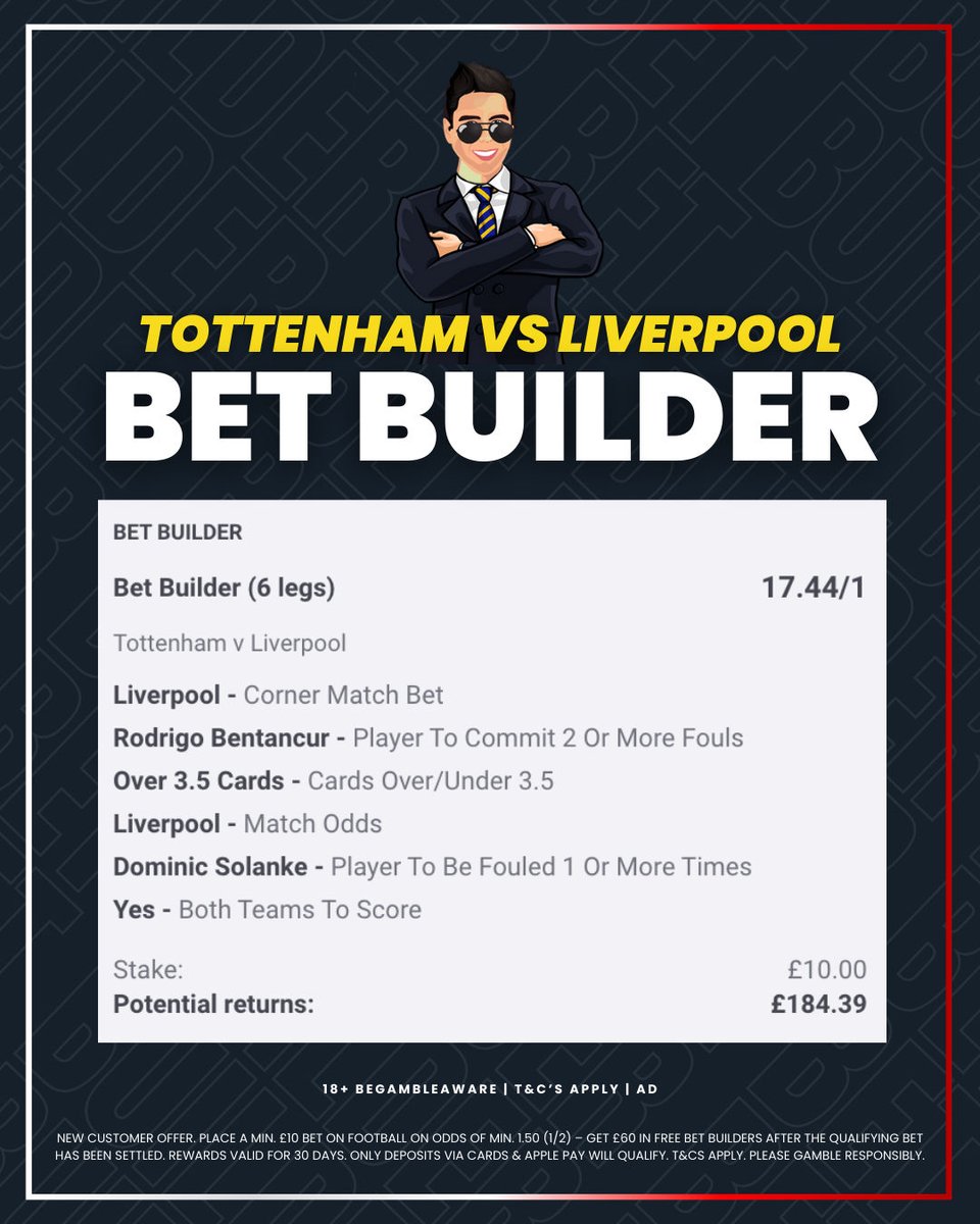 🚨 18/1 CARABAO CUP BET BUILDER!

Add it here: tinyurl.com/BB-TOTLIV1

🔴 Most LFC Corners: 13/19 games
⚪ Bentancur Fouls: 3, 1, 0, 3, 3
⚪ Solanke Fouled: 2, 1, 2, 1, 0
🔴 Liverpool Win: D, W, W, W, W
⚽ BTTS in 9/10 previous H2H's

18+ BeGambleAware