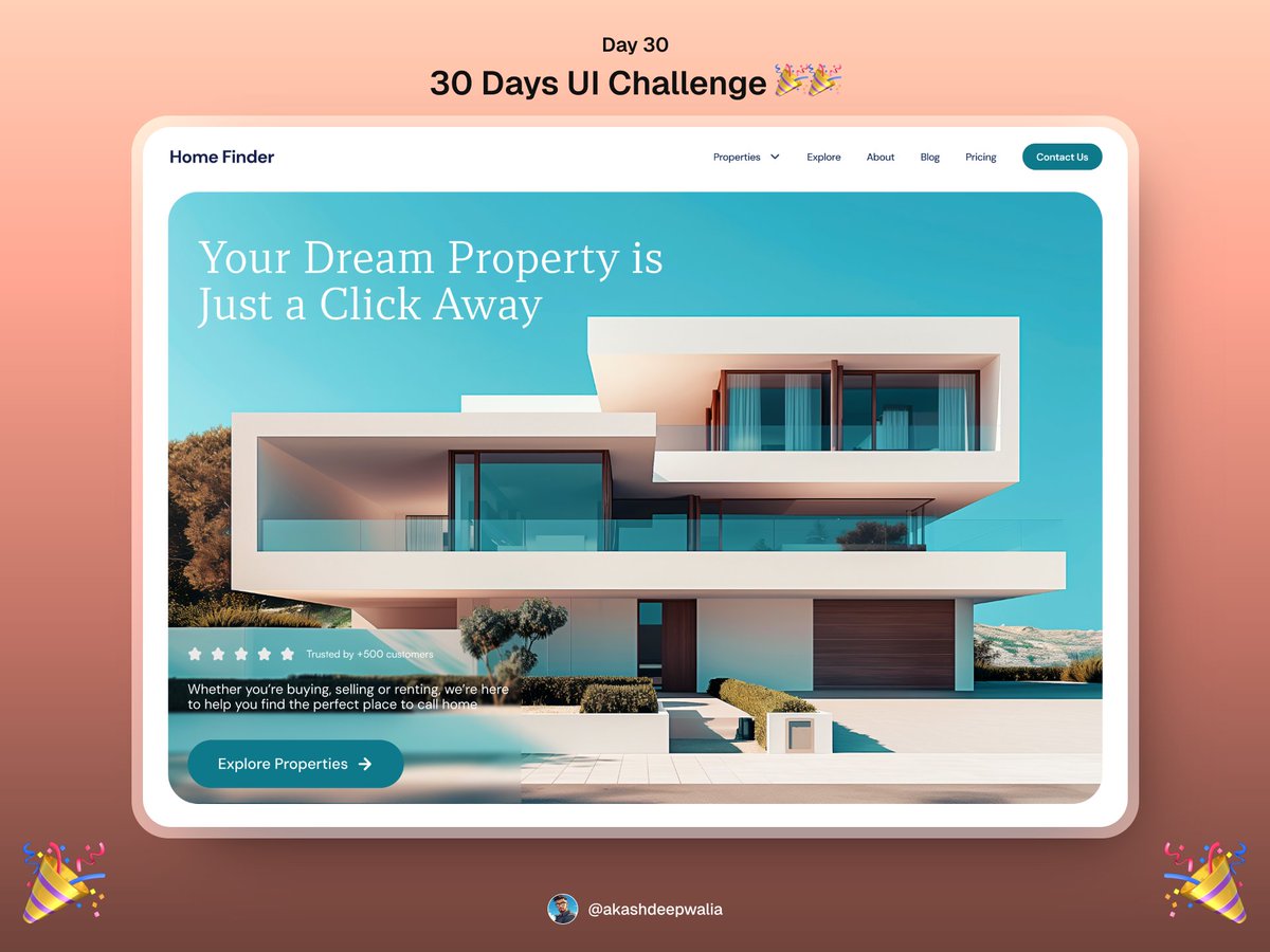 Akashdeepwalia's tweet image. Day 30/30: Final Design! 🎉

Home Finder - Find your home in a few clicks 🏠

Designing daily for 30 days taught me so much about layouts, typography, and creativity. 

This is just the beginning

Which design was your favorite? 

Let me know! 👇
#30DayUIChallenge