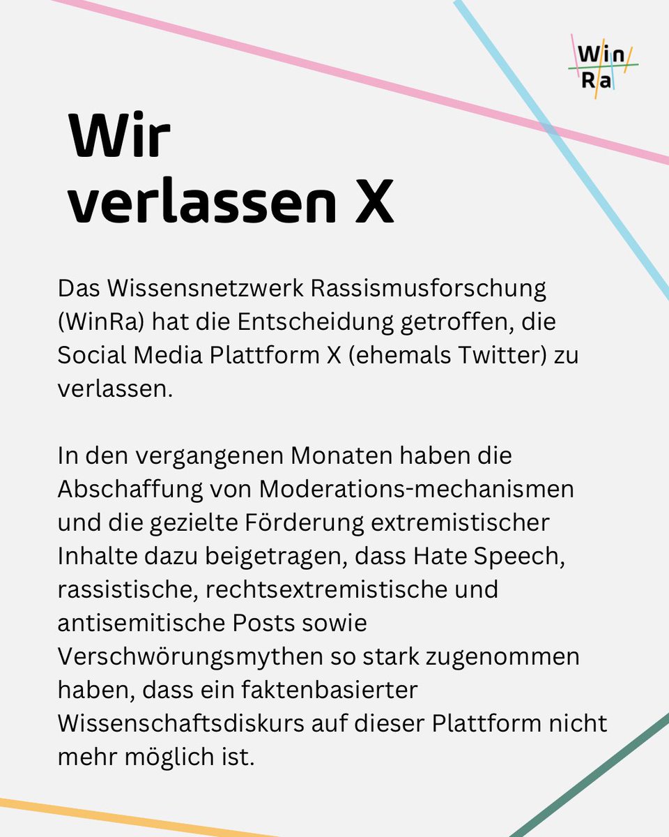 WinRa___'s tweet image. Das Wissensnetzwerk Rassismusforschung hat die Entscheidung getroffen, die Plattform X zu verlassen.

Ihr möchtet nichts verpassen?

Folgt uns auf:

LinkedIn linkedin.com/company/wissen…
Instagram instagram.com/wissensnetzwer…
&amp;amp; Abonniert unseren Newsletter: seu2.cleverreach.com/f/379616-38959…