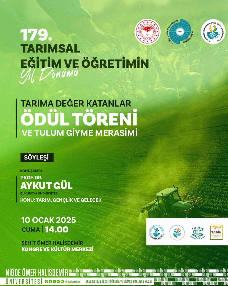 Tarımda öncü #NÖHÜ'de #Niğde tarımına değer katan akademisyenlere, meslekte 35 yılını dolduran ziraat mühendislerine, sektör temsilcilerine ve çalışanlarımıza ödülleri takdim edilecek🏆🌾

Ayrıca Tarım Bilimleri ve Teknolojileri Fakültemiz öğrencileri tulumlarını giyecekler 👨🏻‍🌾🚜