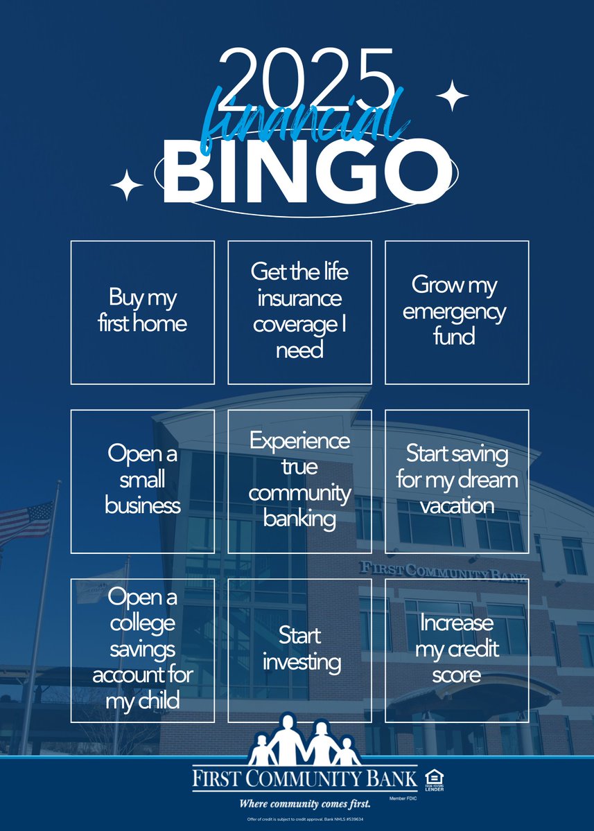 No matter what is on your 2025 Financial Bingo card, First Community Bank has a product or service to help you achieve your goals. 🎉 

Kick the new year off right with true community banking! brev.is/Bawab