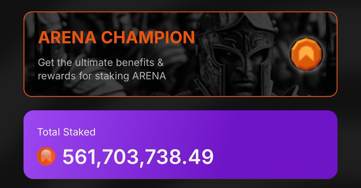 Total $ARENA staked has rose over 10M since the release of the Arena Champions leaderboard just an hour ago. 

We are at an all time high number of $ARENA staked with 561M 🤯

Trust the process. The flywheel is in full effect ⚔️