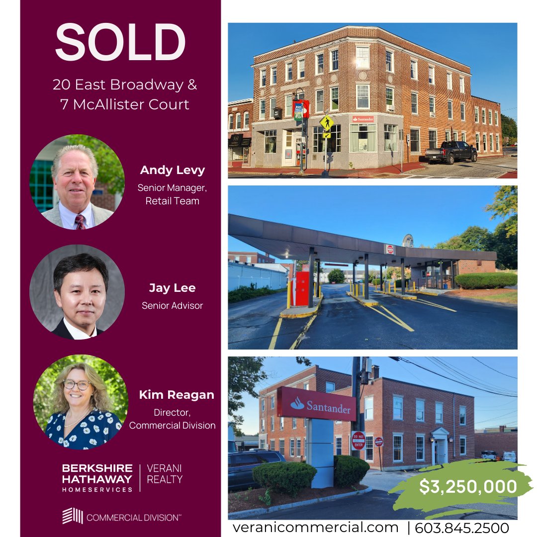 SOLD for $3,250,000!  Thrilled to announce the sale of 20 East Broadway in Derry! Our team, including Andy Levy, Jay Lee, and Kim Reagan, proudly represented BOTH sides of this commercial real estate transaction. Helping buyers and sellers achieve their goals is what we do best!