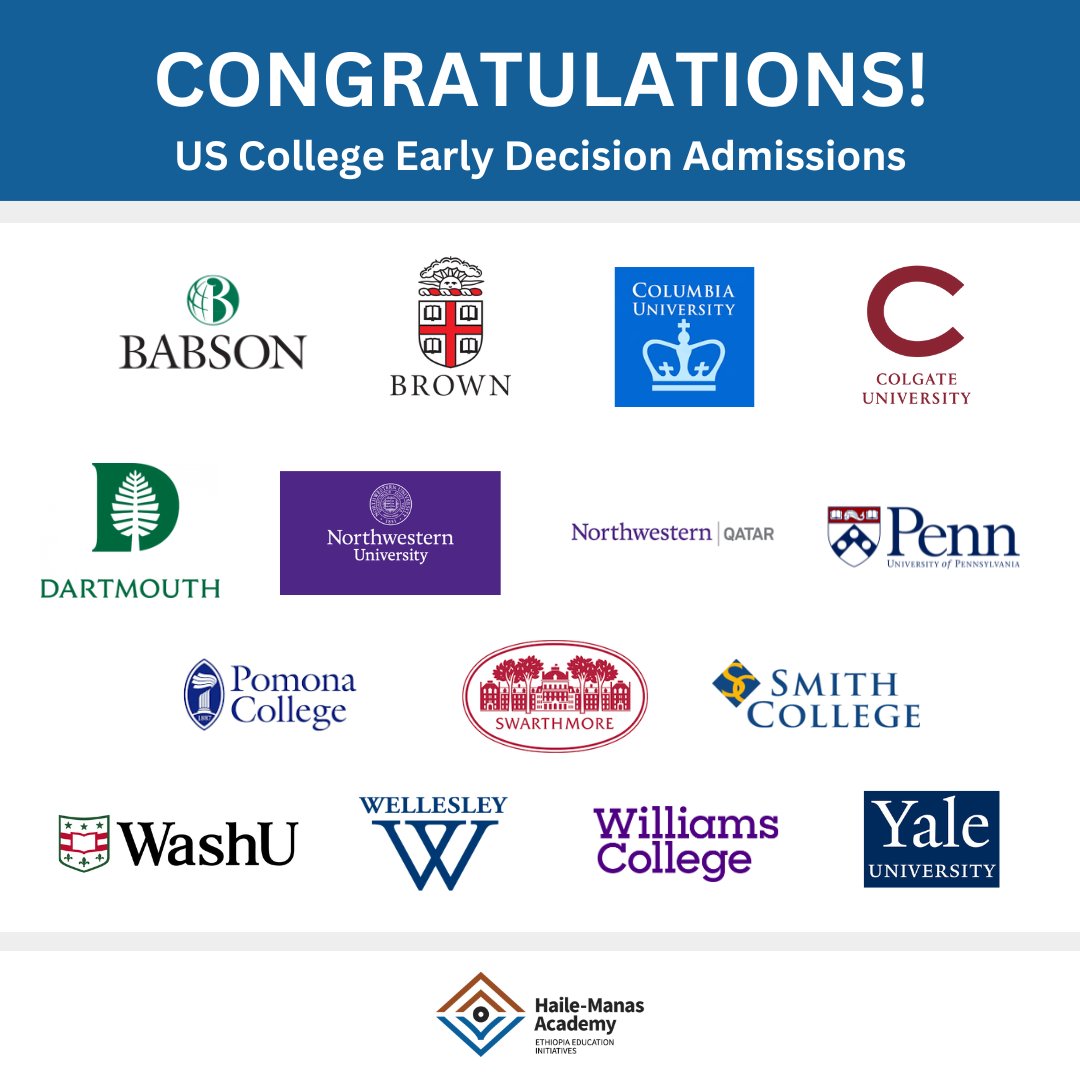 HaileManas's tweet photo. Congratulations to our exceptional students!

We are thrilled to celebrate the incredible achievement of 16 HMA students who have received life-changing admissions offers from top-tier institutions in the US College Early Decision round! https://t.co/4goaThEoNA
