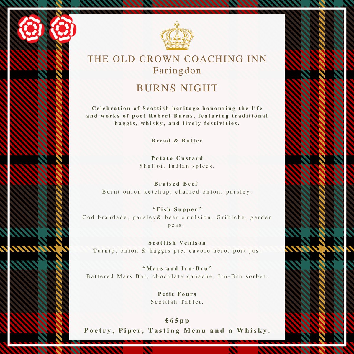 Our Burns Night Menu and ticket booking link are now live!
Join for an evening filled with celebration, culture, and connection as we host a Traditional #BurnsNight Supper in tribute to Scotland’s cherished poet, Robert Burns.
Book your seat via the link;
theoldcrowncoachinginn.com/event-details/…