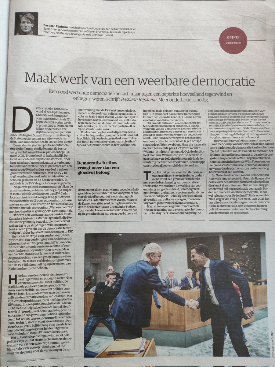 Last weekend in Dutch newspaper <a href="/nrc/">NRC</a>, an op-ed by <a href="/bastiaanrij/">Bastiaan Rijpkema</a>:

"We mapped the functioning of 26 guardrails:
constitutional guarantees that can prevent democracy from derailing.

Fortunately the Netherlands already has 14 such guarantees.
But there is also room for improvement."