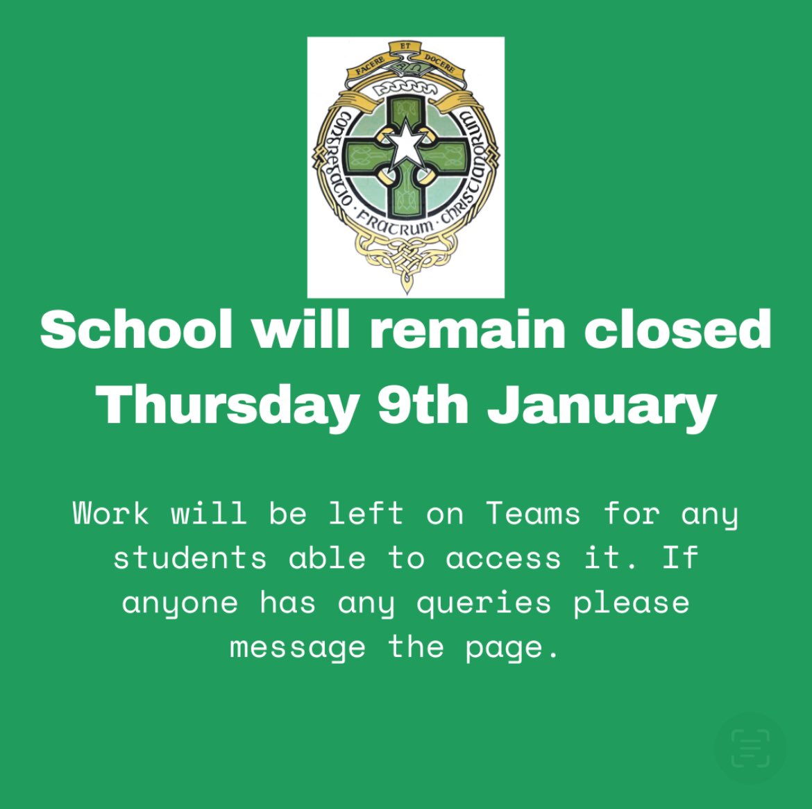 The Abbey School will remain closed on Thursday 9th January due to the inclement weather conditions. Please ensure students engage with the work left on their Teams groups however we do understand many students have no access to power at the moment.