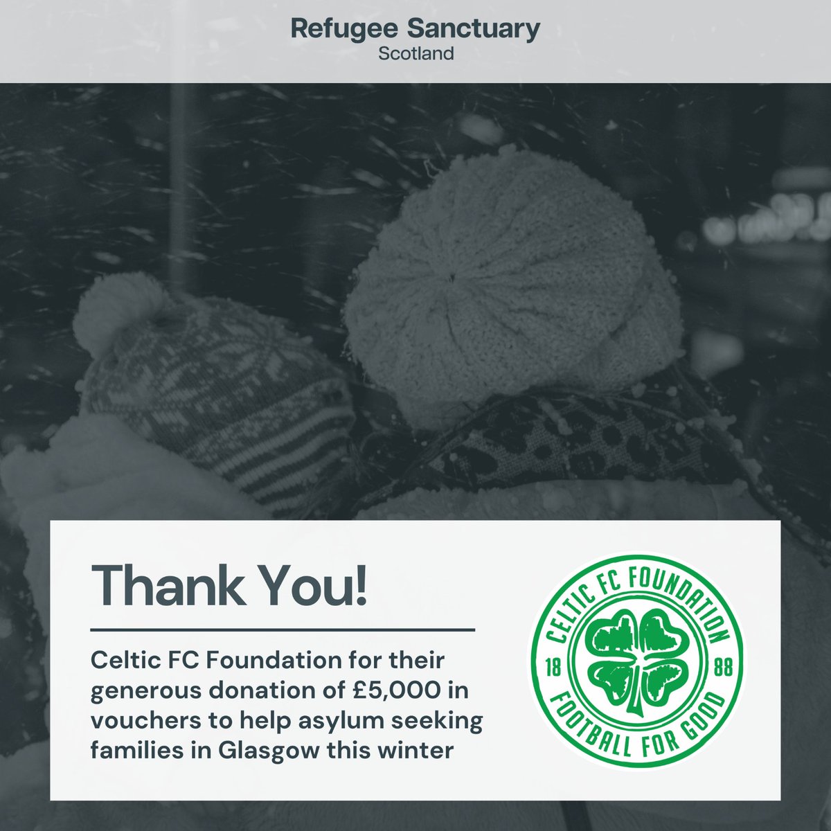 Refugee Sanctuary Scotland (@refugeesancscot) on Twitter photo Thank you to <a href="/FoundationCFC/">Celtic FC Foundation</a> for their kind donation of £5,000 in Tesco vouchers! This has allowed asylum seeking families in Glasgow the freedom to spend the voucher on what they needed over the winter period
#CelticFCFoundation #AsylumSeekersWelcome #RefugeesWelcome #Glasgow Thank you to <a href="/FoundationCFC/">Celtic FC Foundation</a> for their kind donation of £5,000 in Tesco vouchers! This has allowed asylum seeking families in Glasgow the freedom to spend the voucher on what they needed over the winter period
#CelticFCFoundation #AsylumSeekersWelcome #RefugeesWelcome #Glasgow