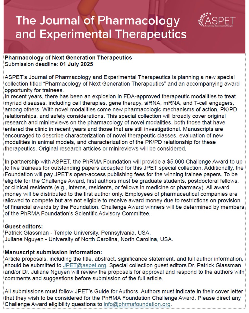 Juliane Nguyen (@julienguyenlab) on Twitter photo Looking forward to editing this special issue in <a href="/JPET_Journal/">JPET (ASPET)</a> with <a href="/GlassmanLab/">Patrick Glassman</a>! In partnership with ASPET, the <a href="/PhRMAfoundation/">PhRMA Foundation</a> will provide a $5,000 Challenge Award to up to five trainees for outstanding papers accepted for this JPET special collection! Looking forward to editing this special issue in <a href="/JPET_Journal/">JPET (ASPET)</a> with <a href="/GlassmanLab/">Patrick Glassman</a>! In partnership with ASPET, the <a href="/PhRMAfoundation/">PhRMA Foundation</a> will provide a $5,000 Challenge Award to up to five trainees for outstanding papers accepted for this JPET special collection!