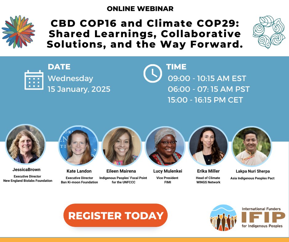 🌿 Indigenous Rights in Climate &amp; Biodiversity🌍
Join us in reflecting on:
✅ Key takeaways from COP16 &amp; COP29
✅ Strategies for equitable, direct funding for Indigenous communities
✅ Bridging biodiversity and climate action
#Registertoday 
➡️ bit.ly/3Dp8gpF