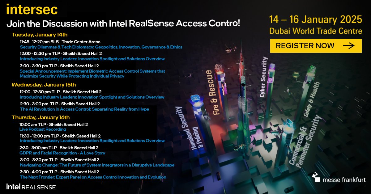 🚀Intel RealSense is heading to @IntersecExpo2025!     

Join us on January 14th-16th for insightful thought leadership discussions about all things Security, GDPR &amp; Facial Recognition  

Register now 👉 bit.ly/4gxmZxF 

#GDPR #AI #FacialRecognition