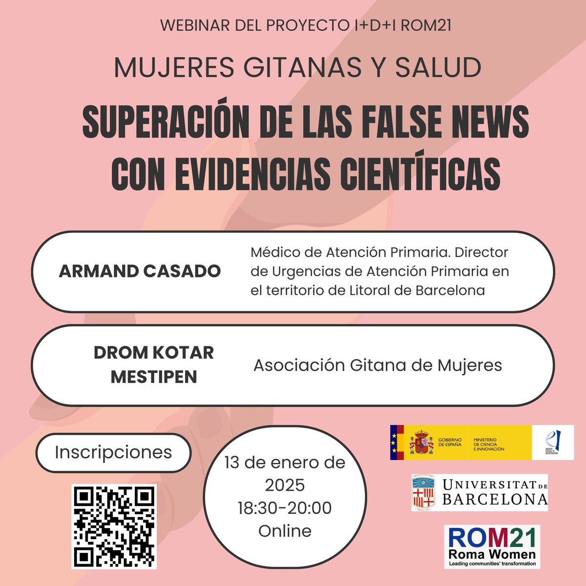 El 13 de gener a las 18:30 tindrem un webinar gratuit sobre la superació de les false news a través de l’ús de les evidències científiques liderat per les dones gitanes participants del projecte I+D+i de RCI-TS <a href="/ROM21_project/">ROM21</a>. Inscripcions: forms.office.com/e/XdnRPk6tfg