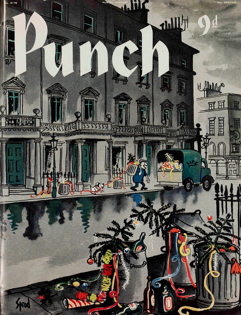 Aftermath... PUNCH cartoon by George Sprod 1957 #Christmas #Xmas #London #houses #buildings #architecture #gray #rubbish #garbage