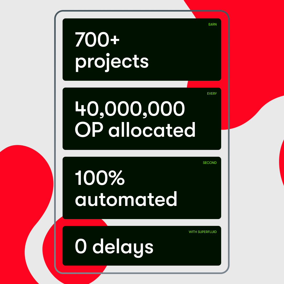 superfluid.eth (@superfluid_hq) on Twitter photo In 2024 <a href="/Optimism/">optimism.eth</a> streamed 40M OP
→ 30M to 500+ builders in RF3
→ 10M to 200+ recipients in RF4
→ 100% automated, zero rewards delays
Real-time funding = Real builder support
You deserve to get rewarded every second. In 2024 <a href="/Optimism/">optimism.eth</a> streamed 40M OP
→ 30M to 500+ builders in RF3
→ 10M to 200+ recipients in RF4
→ 100% automated, zero rewards delays
Real-time funding = Real builder support
You deserve to get rewarded every second.