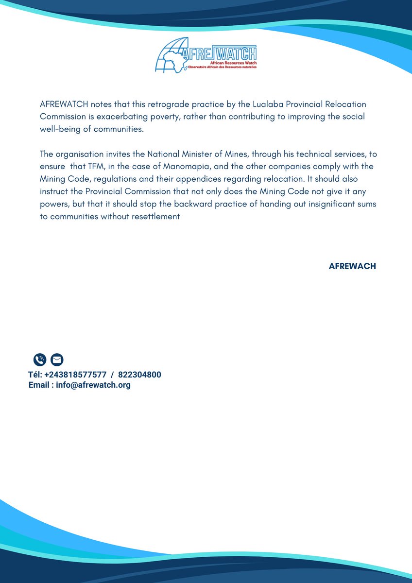 AFREWATCH (@afrewatch) on Twitter photo #PressRelease : AFREWATCH calls on the national and provincial authorities of Lualaba to put an end to threats of arrest against members of the Manomapia block in the commune of Fungurume and to enforce the regulations on compensation, relocation and resettlement.
<a href="/Officiel_TFM/">Tenke Fungurume Mining</a> #PressRelease : AFREWATCH calls on the national and provincial authorities of Lualaba to put an end to threats of arrest against members of the Manomapia block in the commune of Fungurume and to enforce the regulations on compensation, relocation and resettlement.
<a href="/Officiel_TFM/">Tenke Fungurume Mining</a>