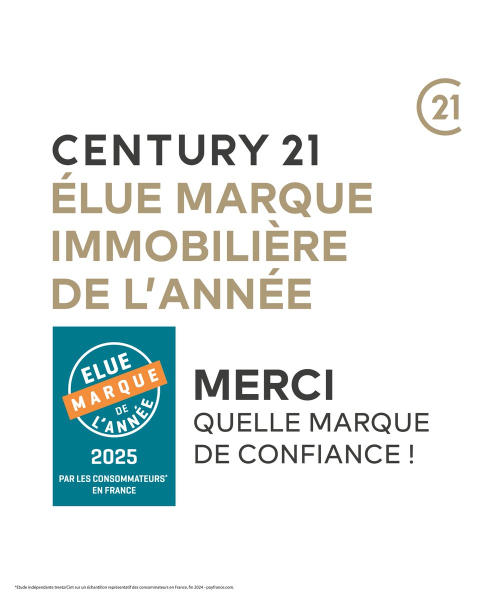 Nous venons d’être élus « 𝗠𝗮𝗿𝗾𝘂𝗲 𝗶𝗺𝗺𝗼𝗯𝗶𝗹𝗶𝗲̀𝗿𝗲 𝗱𝗲 𝗹’𝗮𝗻𝗻𝗲́𝗲 » par les consommateurs de France 😊
𝗠𝗲𝗿𝗰𝗶 ! 𝗤𝘂𝗲𝗹𝗹𝗲 𝗺𝗮𝗿𝗾𝘂𝗲 𝗱𝗲 𝗰𝗼𝗻𝗳𝗶𝗮𝗻𝗰𝗲 !

Les agences CENTURY 21, au cœur de votre quartier pour mieux vous conseiller.

#immobilier