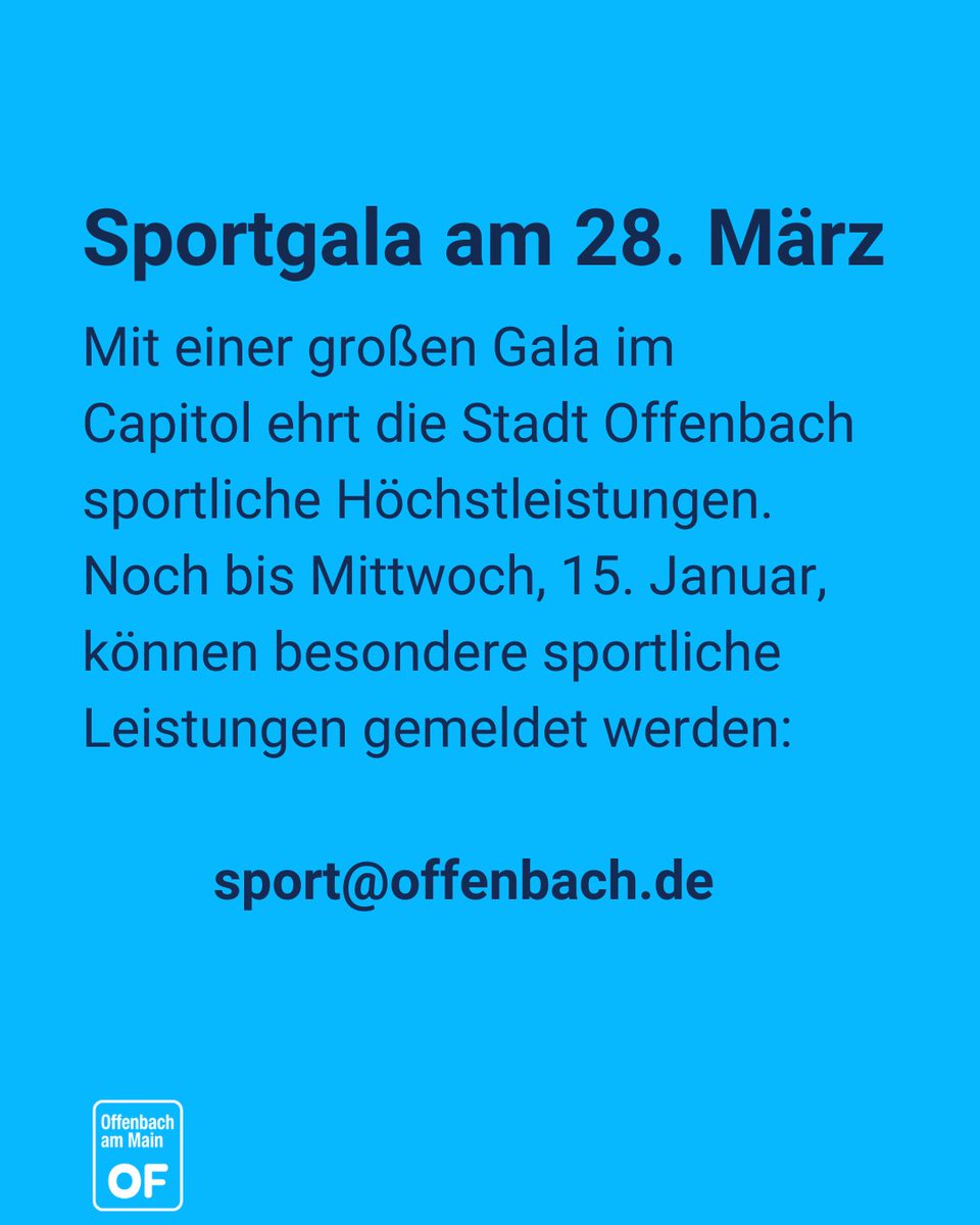 Noch bis 15. Januar, können bestimmte Platzierungen oder Höchstleistungen der erfolgreichen Sportler*innen aus dem Sportjahr 2024 an das Sportamt #Offenbach gemeldet werden. Nur bei Wohnsitz in Offenbach oder Start für einen Offenbacher Verein.
Mehr Infos: offenbach.de/buerger_innen/…