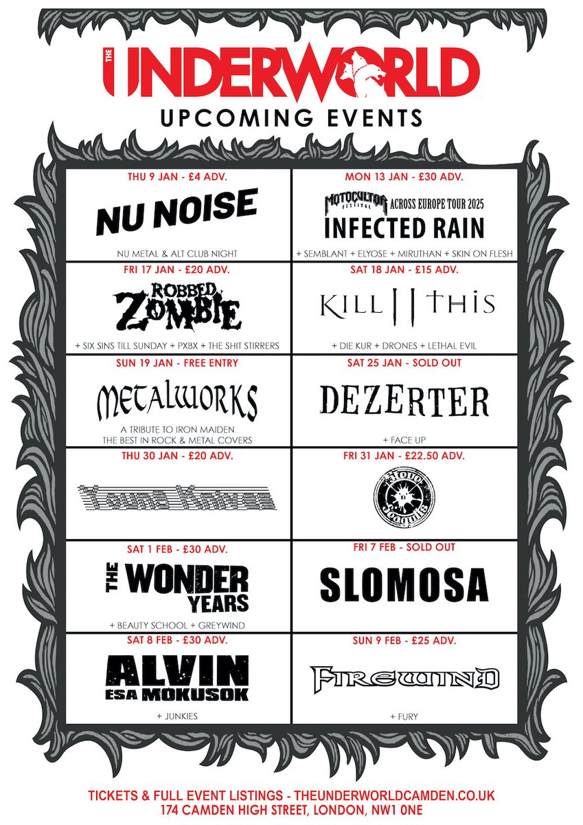 The Underworld (@theunderworld) on Twitter photo MAILER๐คโก๏ธ bit.ly/UWMS0108
๐ธ Feat. <a href="/InfectedRain/">Infected Rain</a> <a href="/ZombieRobbed/">Robbed Zombie</a> @YoungKnives <a href="/SeagullsBand/">Steve'n'Seagulls</a> @TheWonderYears @FirewindMusic & more
๐ฃ NEW @FVkillers @Jadis_G13 @WeHaveHalflives <a href="/HaremScaremBand/">Harem Scarem</a> @AgnosticFront & more.
๐ theunderworldcamden.co.uk
๐ต bit.ly/UWplaylist MAILER๐คโก๏ธ bit.ly/UWMS0108
๐ธ Feat. <a href="/InfectedRain/">Infected Rain</a> <a href="/ZombieRobbed/">Robbed Zombie</a> @YoungKnives <a href="/SeagullsBand/">Steve'n'Seagulls</a> @TheWonderYears @FirewindMusic & more
๐ฃ NEW @FVkillers @Jadis_G13 @WeHaveHalflives <a href="/HaremScaremBand/">Harem Scarem</a> @AgnosticFront & more.
๐ theunderworldcamden.co.uk
๐ต bit.ly/UWplaylist