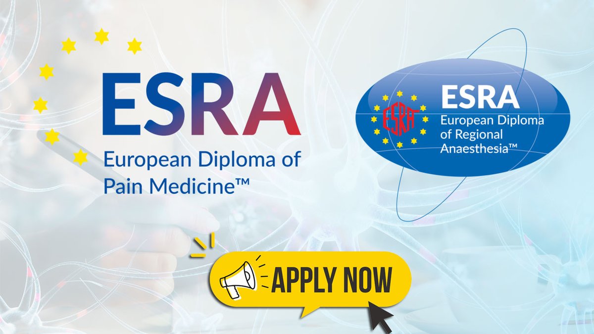 ESRA | European Society of Regional Anaesthesia (@esra_society) on Twitter photo Apply now for the ESRA Diplomas ๐ฃ
esraeurope.org/diplomas
๐ ESRA-DPM Part 1
๐ 11 April 10:00-11:30 CET
๐ป Remote exam
โ
 Application deadline: 11 March
๐ ESRA-DPM Part 2
๐ 12 April
๐ Dhaka, Bangladesh before the BSSP Annual Pain Conference
โ
 Application deadline: 12 March Apply now for the ESRA Diplomas ๐ฃ
esraeurope.org/diplomas
๐ ESRA-DPM Part 1
๐ 11 April 10:00-11:30 CET
๐ป Remote exam
โ
 Application deadline: 11 March
๐ ESRA-DPM Part 2
๐ 12 April
๐ Dhaka, Bangladesh before the BSSP Annual Pain Conference
โ
 Application deadline: 12 March
