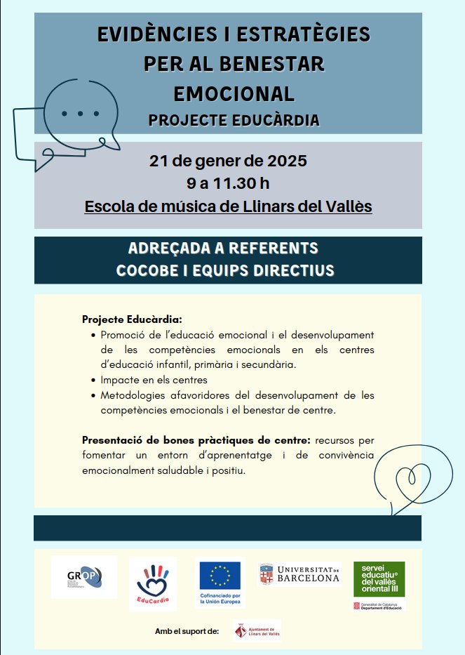 “Evidence and Strategies for Emotional  Well-Being”. An Event organized by the GROP Research Group from the  University of Barcelola. Save the date! educardia.eu/2025/01/08/evi…