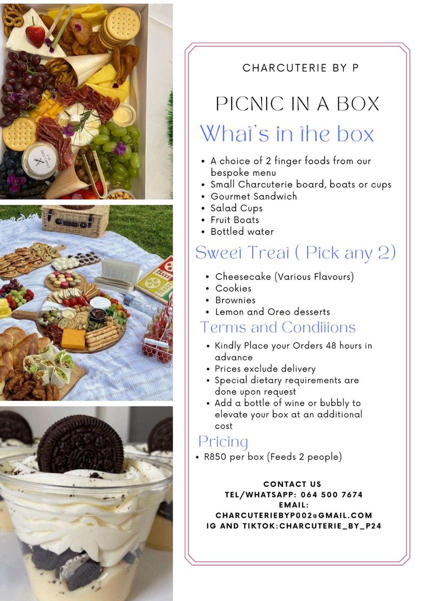 charcuterie_p's tweet image. Picnic in a box! Delicious and fresh picnic boxes available. Ideal for picnics and road trips. Let’s lighten the stress of catering and let you enjoy your guest and or trip. Mamkhize Tony Yengeni Woolies Cape Town Wacky Winsday MK Party Dischem #QuickQuiz