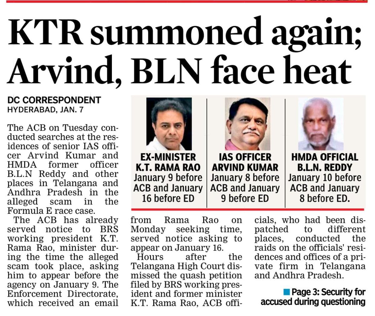 GovTelangana's tweet photo. #Investigation Deepens in #FormulaEScam

#ACB raids #IAS officer #Arvind Kumar &amp; #HMDA ex-officer #BLNReddy’s residences.
@KTRBRS was summoned by #ACB on #Jan9 &amp; #ED on #Jan16.
#ongoing probe into the alleged #FormulaEracescam.

#Telangana #ACB #KTR #FormulaEScam #Investigation https://t.co/qWljafM8uv