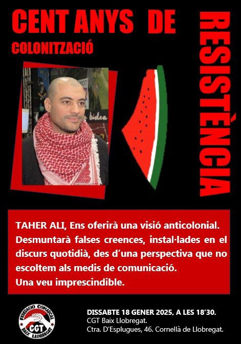 ⚠️ CENT ANYS DE RESISTÈNCIA 
📆 Dissabte 18 de gener. 
⏰18:30h. 
📌Ctra. Esplugues, 46  
🧭Cornellà de Llobregat
