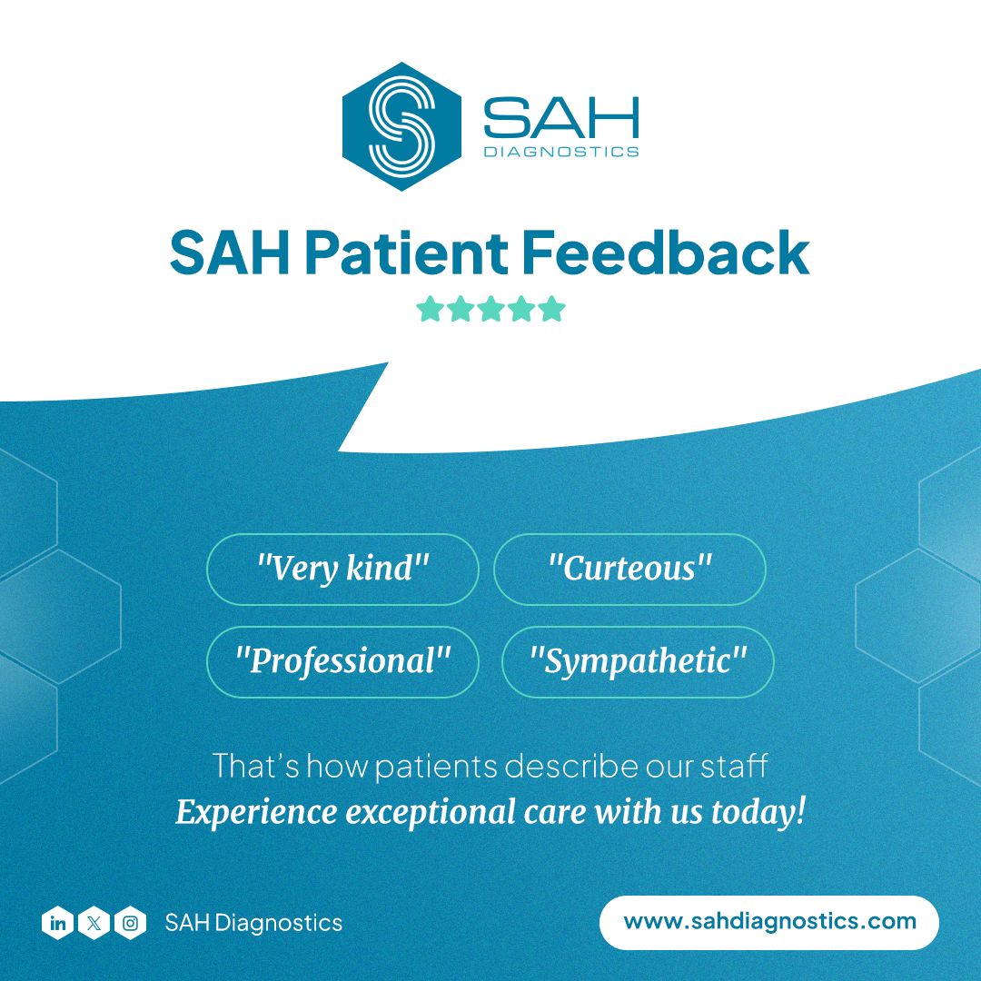 “Courteous,” “very kind,” “sympathetic” &amp; “professional” — that’s how patients describe our staff. We put patient experience first. And their feedback speaks for itself. Patients say we put them “at ease" &amp; answered all of their questions. Find out more at sahdiagnostics.com