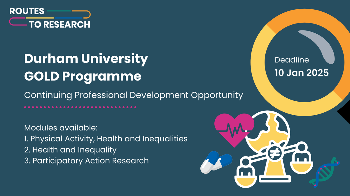 Routes to Research (@routes2research) on Twitter photo Last chance! Durham University's GOLD programme offers bursaries for CPD opportunities focused on addressing ill-health and inequalities.
Submit an Expression of Interest in 2 days!
<a href="/durham_uni/">Durham University</a> <a href="/CDCarePartners/">CountyDurhamCarePartnership</a> <a href="/CDDFTNHS/">County Durham and Darlington NHS Foundation Trust</a>
Learn more:
routestoresearch.co.uk/funding-suppor… Last chance! Durham University's GOLD programme offers bursaries for CPD opportunities focused on addressing ill-health and inequalities.
Submit an Expression of Interest in 2 days!
<a href="/durham_uni/">Durham University</a> <a href="/CDCarePartners/">CountyDurhamCarePartnership</a> <a href="/CDDFTNHS/">County Durham and Darlington NHS Foundation Trust</a>
Learn more:
routestoresearch.co.uk/funding-suppor…