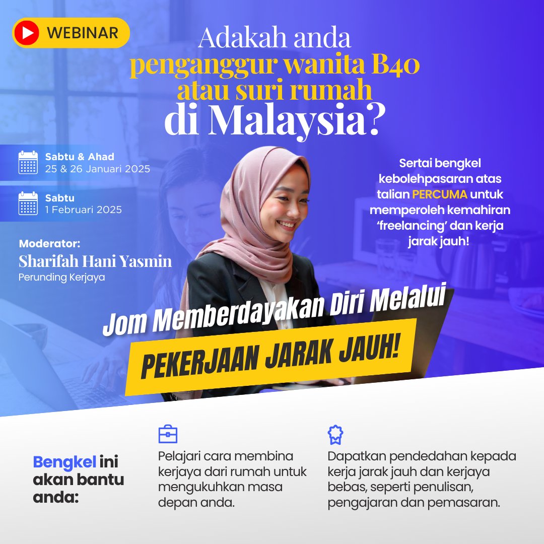 So happy to launch these workshops! Specially for wanita B40 – jom belajar tentang dunia pekerjaan jarak jauh/remote work! And yes, it's FREE👏

Register now: bit.ly/ProgramKerjaJa…