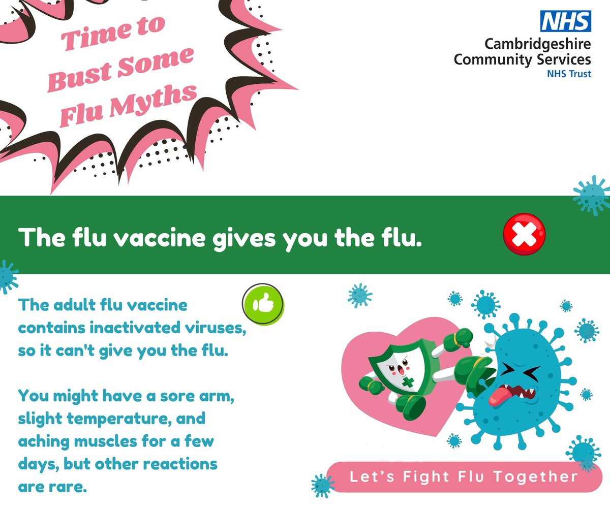 We're aiming to bust some myths about the flu vaccine! Myth 9 – The flu vaccine gives you the flu! ❌ CCS staff, don’t delay, book your flu jab today – search ‘flu’ on the staff intranet! #CCSFlu #Flujab #GoTeamCCS
