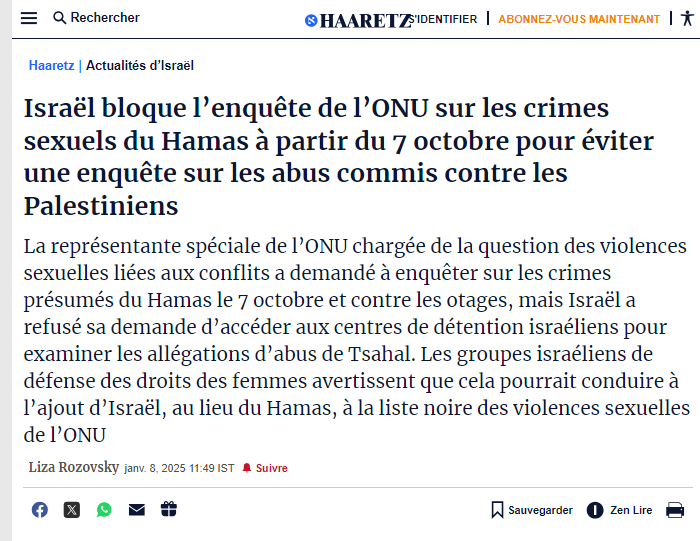 Il n'y aura donc pas d'enquête de l'ONU sur les crimes sexuels présumés du Hamas du 7/10 à cause... du gouvernement israélien, qui a choisi de torpiller le processus de peur qu'il conduise à enquête sur ses propres violences sexuelles contre des Palestiniens et Palestiniennes.