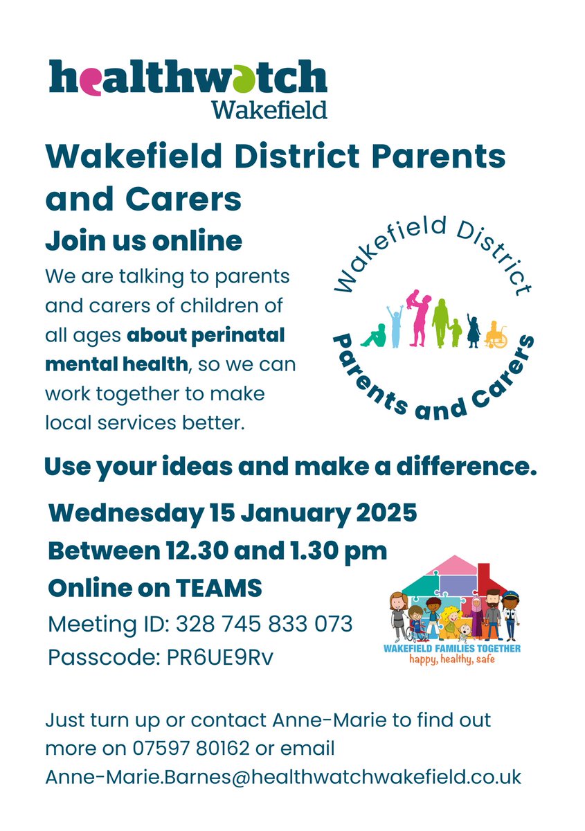 Next Wednesday 15 January 2025 from 12:30 to 1:30 pm. We're talking online to parents and carers of children of all ages about perinatal mental health. Online on TEAMS. Meeting ID: 328 745 833 073 and Passcode: PR6UE9Rv. Just turn up or contact Anne-Marie to find out more.