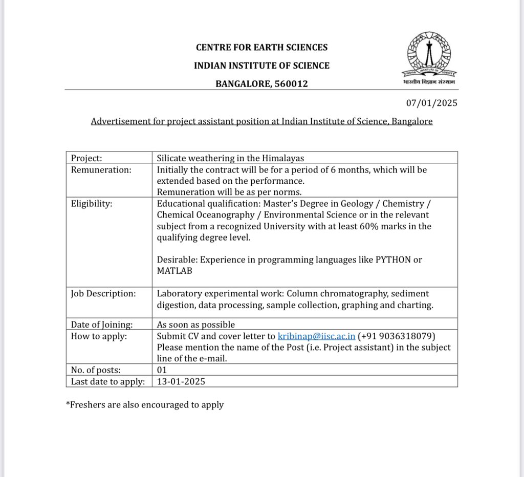 Kribina Pathak (@kribinapathak) on Twitter photo We are looking for a Project Assistant at our Lab at the Center for Earth Science, Indian Institute of Science (IISc), Bangalore. It entails geochemistry laboratory work 80% and 20% other scientific works. The details can be found in the file attachment. <a href="/MisraSambuddha/">Sambuddha Misra</a> #river We are looking for a Project Assistant at our Lab at the Center for Earth Science, Indian Institute of Science (IISc), Bangalore. It entails geochemistry laboratory work 80% and 20% other scientific works. The details can be found in the file attachment. <a href="/MisraSambuddha/">Sambuddha Misra</a> #river